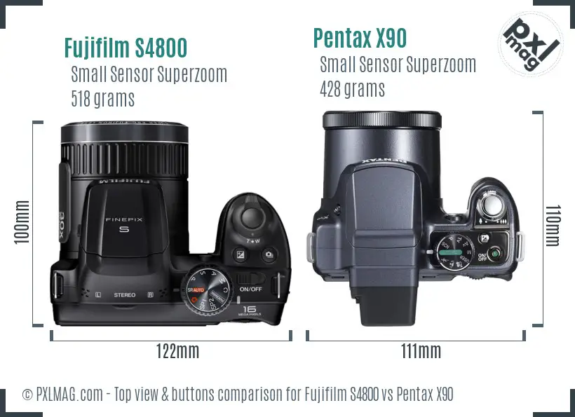 Fujifilm S4800 vs Pentax X90 top view buttons comparison