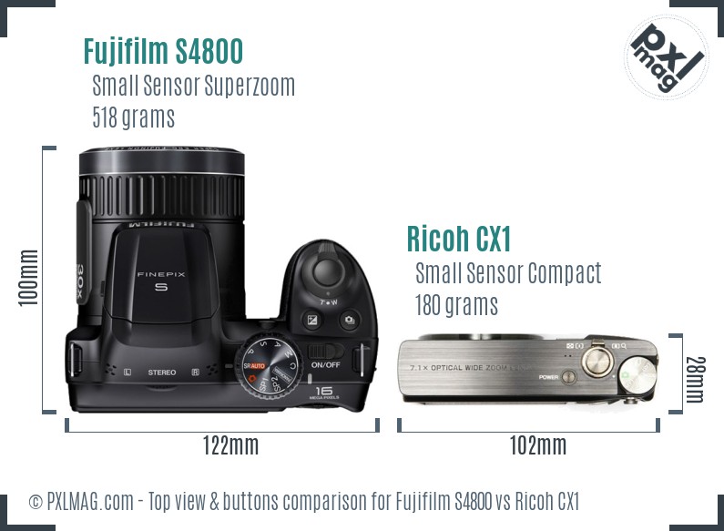 Fujifilm S4800 vs Ricoh CX1 top view buttons comparison