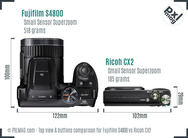 Fujifilm S4800 vs Ricoh CX2 top view buttons comparison