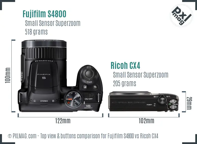 Fujifilm S4800 vs Ricoh CX4 top view buttons comparison