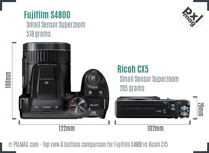 Fujifilm S4800 vs Ricoh CX5 top view buttons comparison