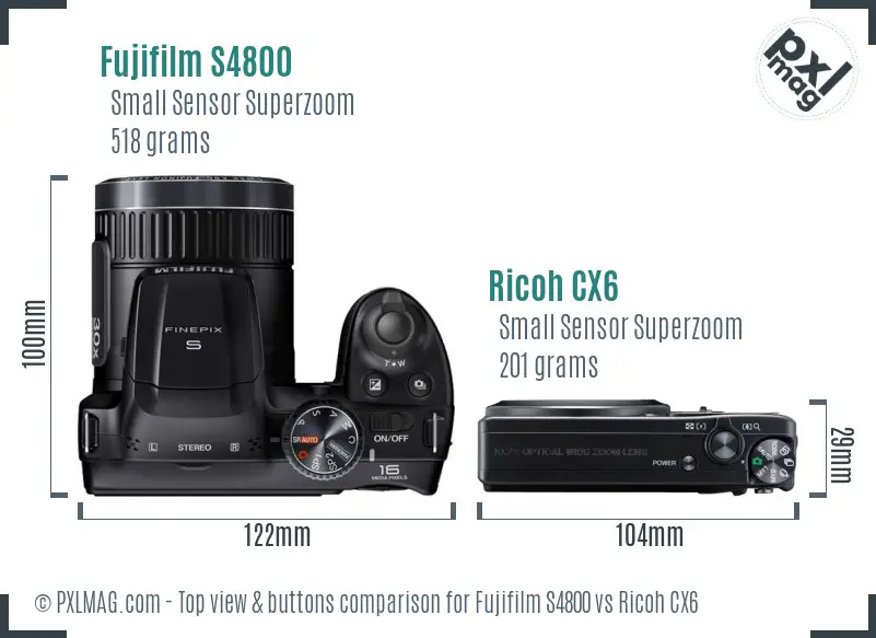 Fujifilm S4800 vs Ricoh CX6 top view buttons comparison Fujifilm S4800 vs Ricoh CX6 top view buttons comparison