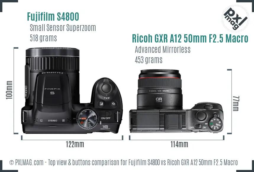 Fujifilm S4800 vs Ricoh GXR A12 50mm F2.5 Macro top view buttons comparison