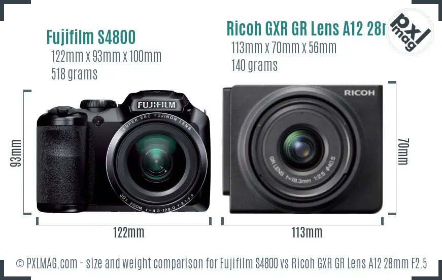 Fujifilm S4800 vs Ricoh GXR GR Lens A12 28mm F2.5 size comparison Fujifilm S4800 vs Ricoh GXR GR Lens A12 28mm F2.5 size comparison