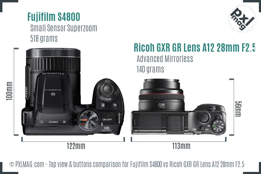 Fujifilm S4800 vs Ricoh GXR GR Lens A12 28mm F2.5 top view buttons comparison Fujifilm S4800 vs Ricoh GXR GR Lens A12 28mm F2.5 top view buttons comparison