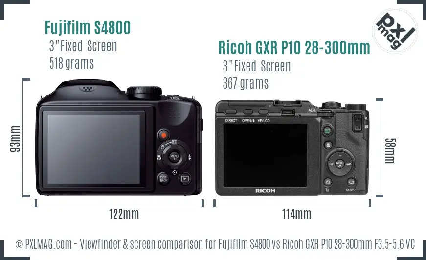 Fujifilm S4800 vs Ricoh GXR P10 28-300mm F3.5-5.6 VC Screen and Viewfinder comparison