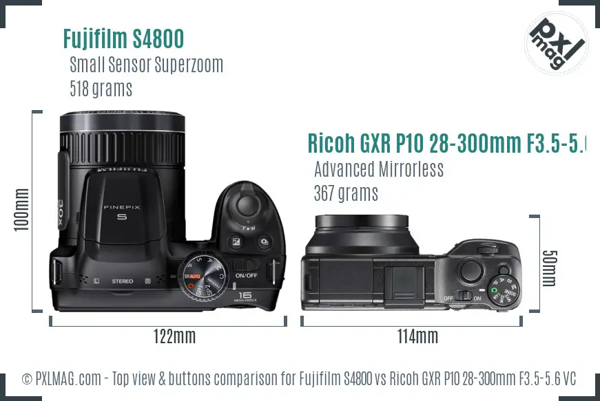 Fujifilm S4800 vs Ricoh GXR P10 28-300mm F3.5-5.6 VC top view buttons comparison