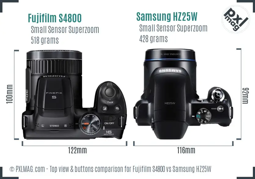 Fujifilm S4800 vs Samsung HZ25W top view buttons comparison Fujifilm S4800 vs Samsung HZ25W top view buttons comparison