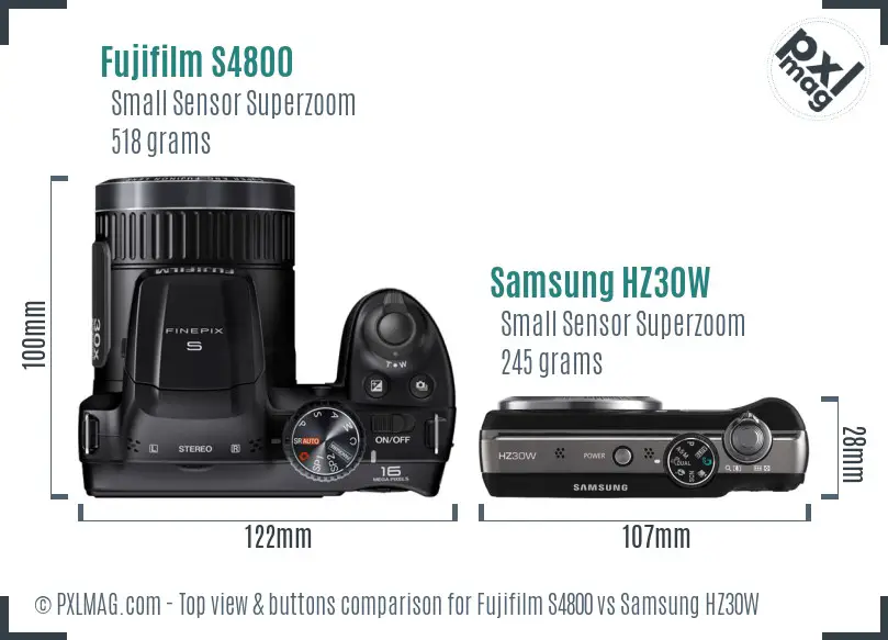 Fujifilm S4800 vs Samsung HZ30W top view buttons comparison
