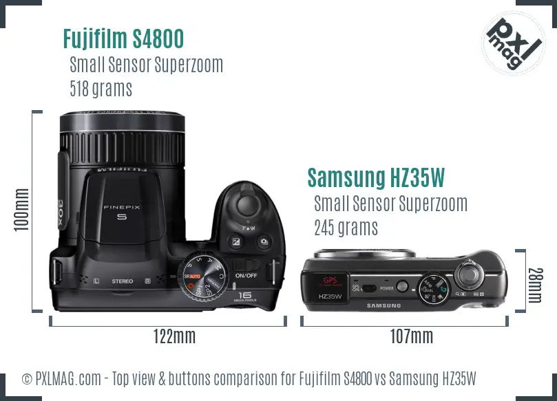 Fujifilm S4800 vs Samsung HZ35W top view buttons comparison Fujifilm S4800 vs Samsung HZ35W top view buttons comparison