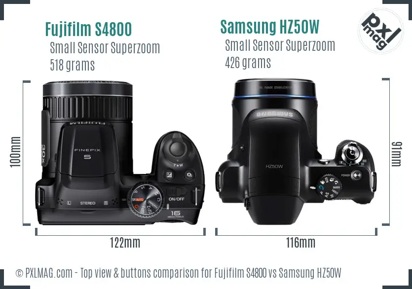 Fujifilm S4800 vs Samsung HZ50W top view buttons comparison Fujifilm S4800 vs Samsung HZ50W top view buttons comparison
