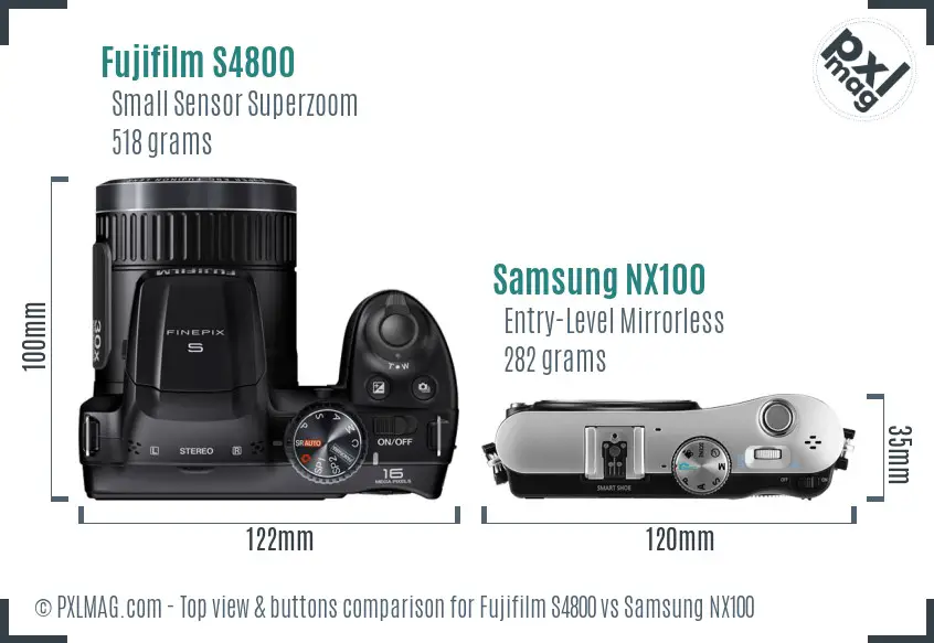 Fujifilm S4800 vs Samsung NX100 top view buttons comparison