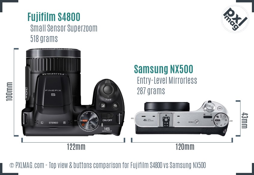 Fujifilm S4800 vs Samsung NX500 top view buttons comparison