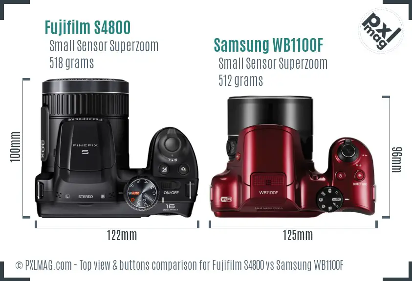 Fujifilm S4800 vs Samsung WB1100F top view buttons comparison Fujifilm S4800 vs Samsung WB1100F top view buttons comparison