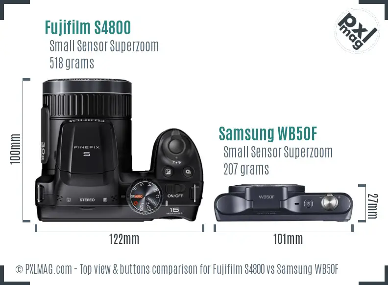 Fujifilm S4800 vs Samsung WB50F top view buttons comparison