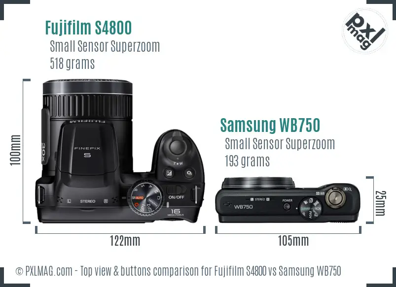 Fujifilm S4800 vs Samsung WB750 top view buttons comparison Fujifilm S4800 vs Samsung WB750 top view buttons comparison