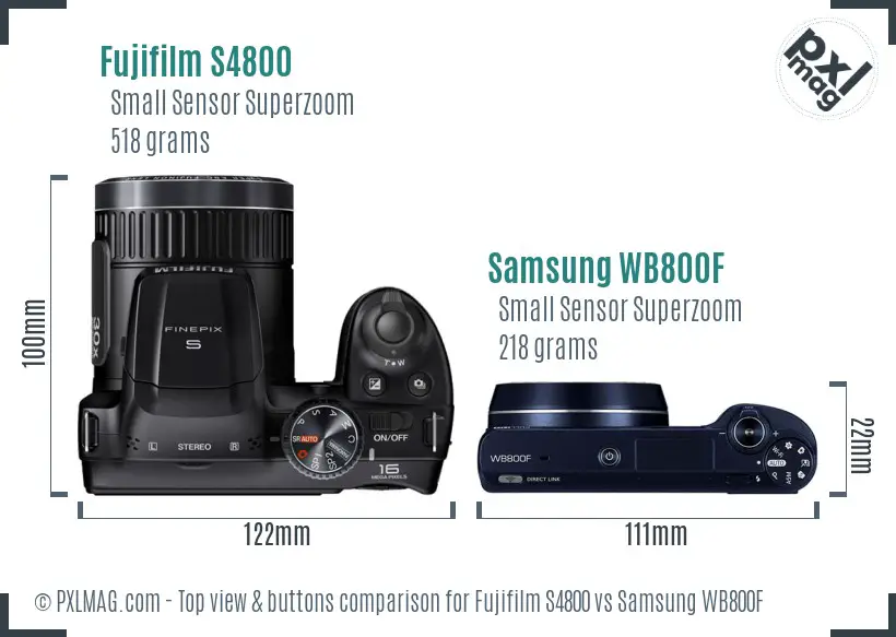 Fujifilm S4800 vs Samsung WB800F top view buttons comparison Fujifilm S4800 vs Samsung WB800F top view buttons comparison