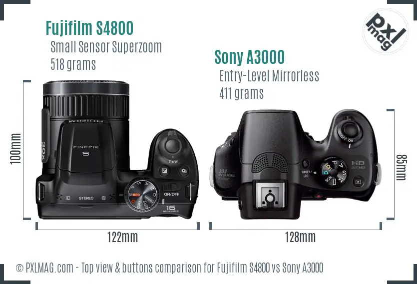 Fujifilm S4800 vs Sony A3000 top view buttons comparison