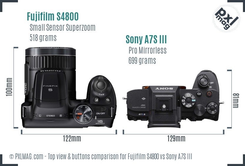 Fujifilm S4800 vs Sony A7S III top view buttons comparison