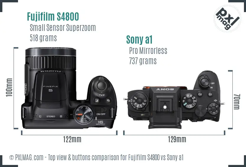 Fujifilm S4800 vs Sony a1 top view buttons comparison Fujifilm S4800 vs Sony a1 top view buttons comparison