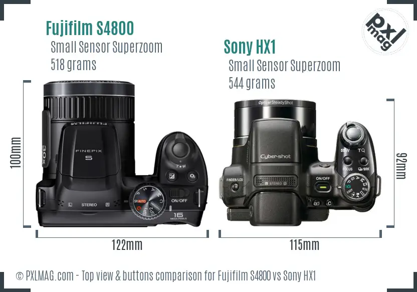 Fujifilm S4800 vs Sony HX1 top view buttons comparison