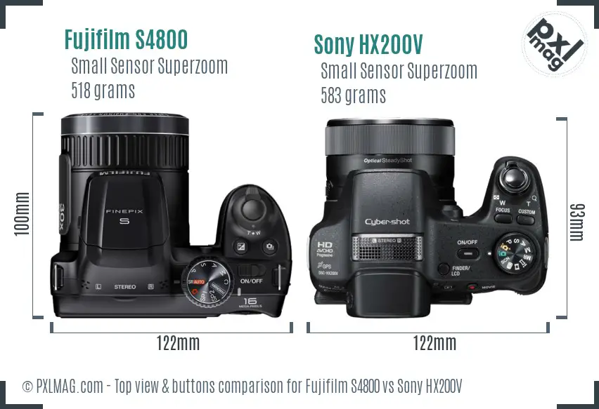 Fujifilm S4800 vs Sony HX200V top view buttons comparison Fujifilm S4800 vs Sony HX200V top view buttons comparison