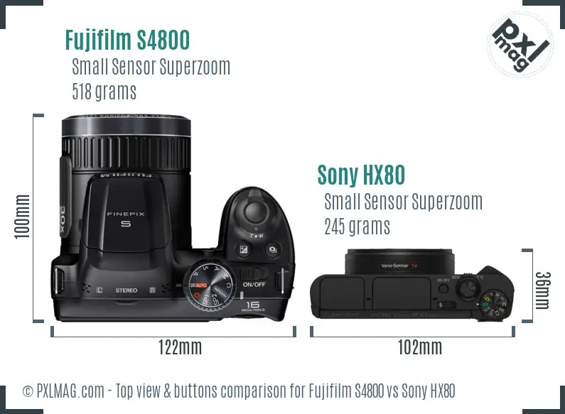 Fujifilm S4800 vs Sony HX80 top view buttons comparison