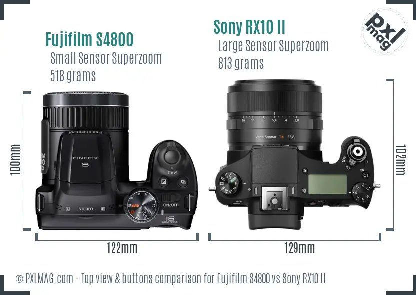 Fujifilm S4800 vs Sony RX10 II top view buttons comparison