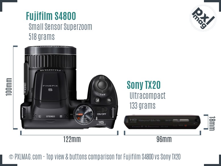 Fujifilm S4800 vs Sony TX20 top view buttons comparison