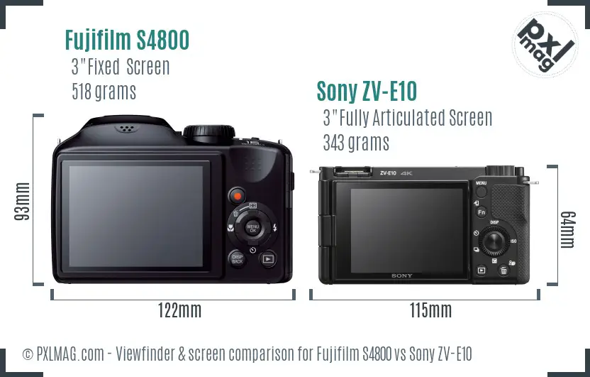 Fujifilm S4800 vs Sony ZV-E10 Screen and Viewfinder comparison