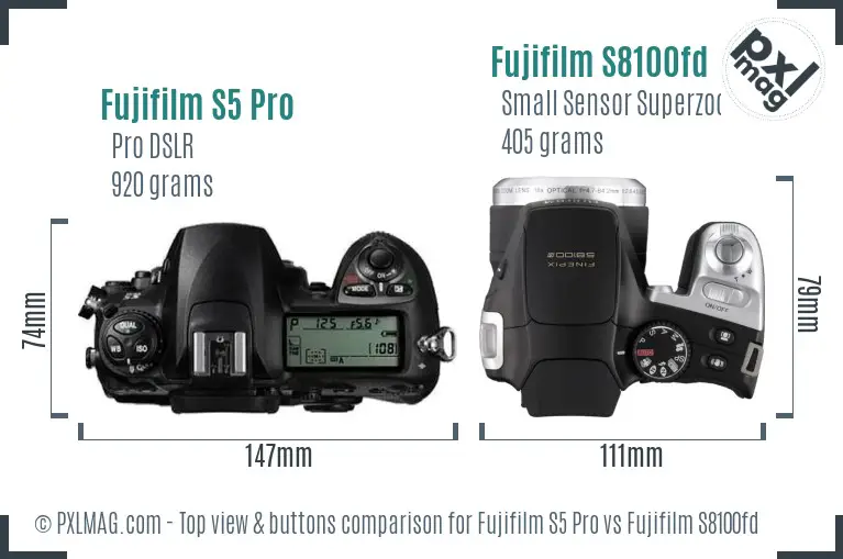 Fujifilm S5 Pro vs Fujifilm S8100fd top view buttons comparison Fujifilm S5 Pro vs Fujifilm S8100fd top view buttons comparison