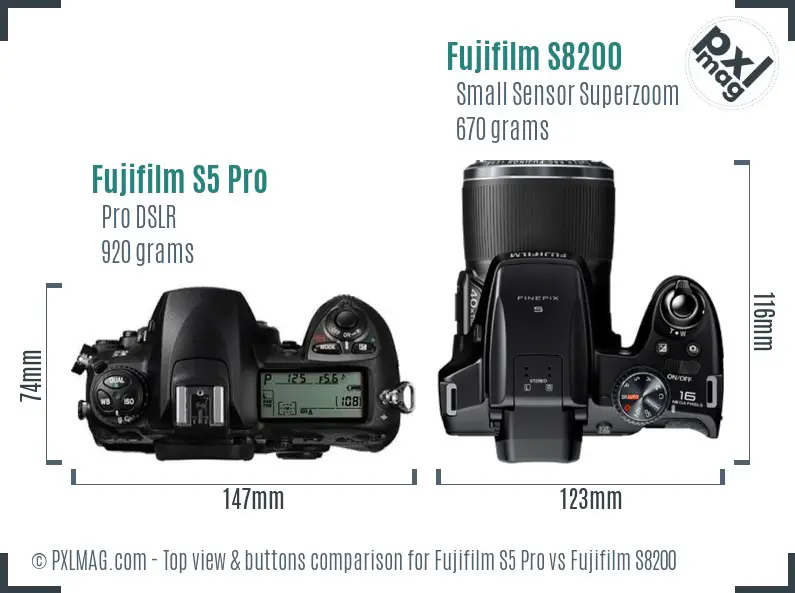 Fujifilm S5 Pro vs Fujifilm S8200 top view buttons comparison