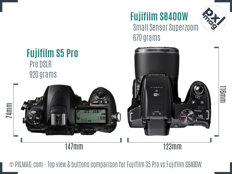 Fujifilm S5 Pro vs Fujifilm S8400W top view buttons comparison