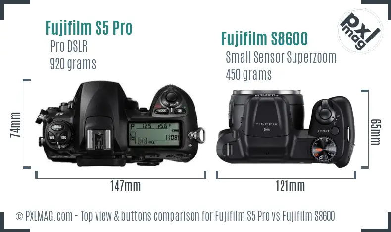Fujifilm S5 Pro vs Fujifilm S8600 top view buttons comparison Fujifilm S5 Pro vs Fujifilm S8600 top view buttons comparison