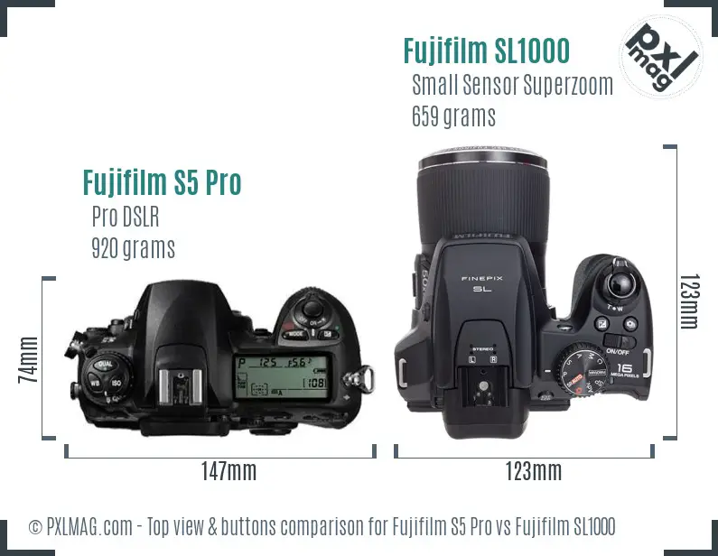 Fujifilm S5 Pro vs Fujifilm SL1000 top view buttons comparison