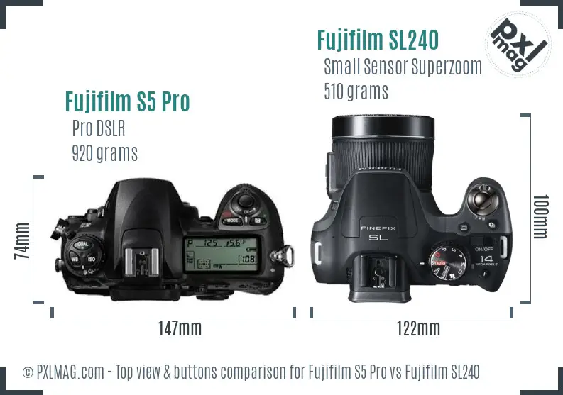 Fujifilm S5 Pro vs Fujifilm SL240 top view buttons comparison