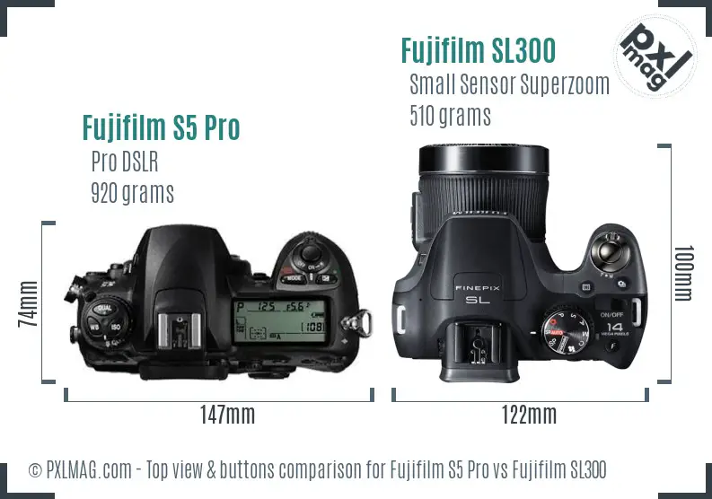 Fujifilm S5 Pro vs Fujifilm SL300 top view buttons comparison