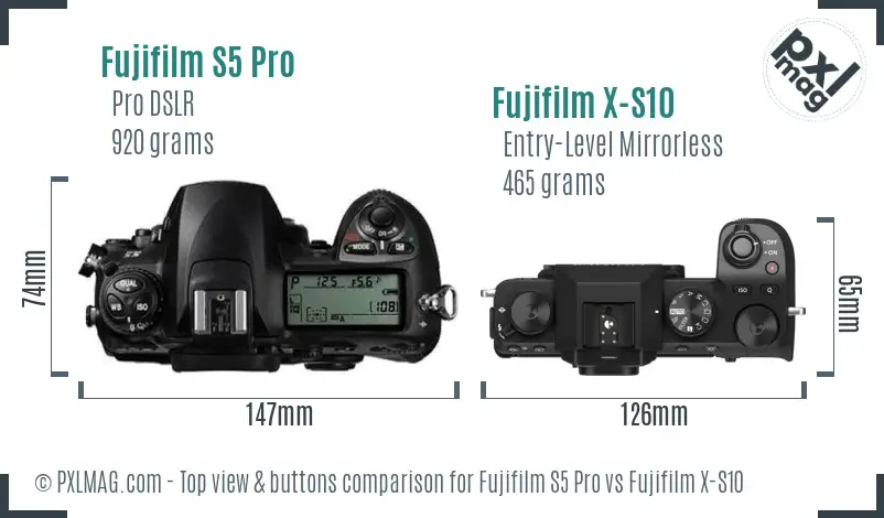 Fujifilm S5 Pro vs Fujifilm X-S10 top view buttons comparison