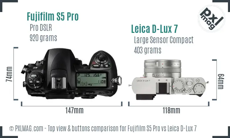 Fujifilm S5 Pro vs Leica D-Lux 7 top view buttons comparison