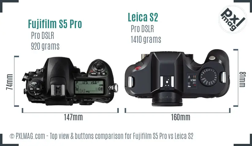 Fujifilm S5 Pro vs Leica S2 top view buttons comparison
