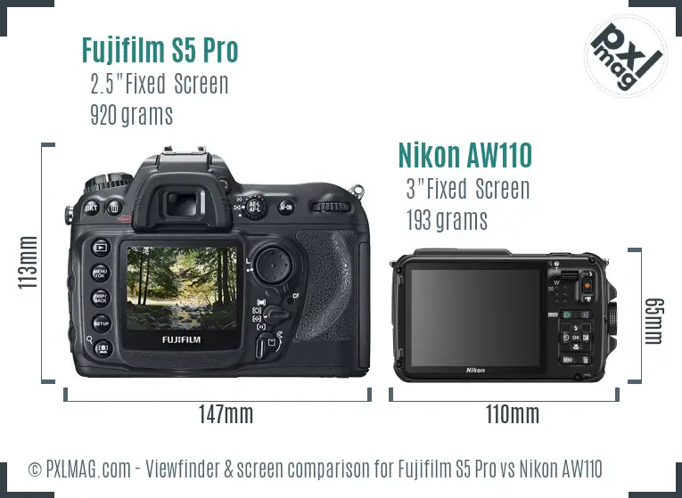 Fujifilm S5 Pro vs Nikon AW110 Screen and Viewfinder comparison
