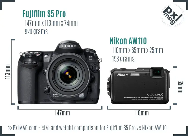 Fujifilm S5 Pro vs Nikon AW110 size comparison