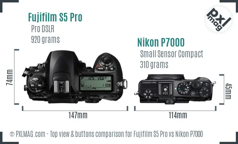 Fujifilm S5 Pro vs Nikon P7000 top view buttons comparison