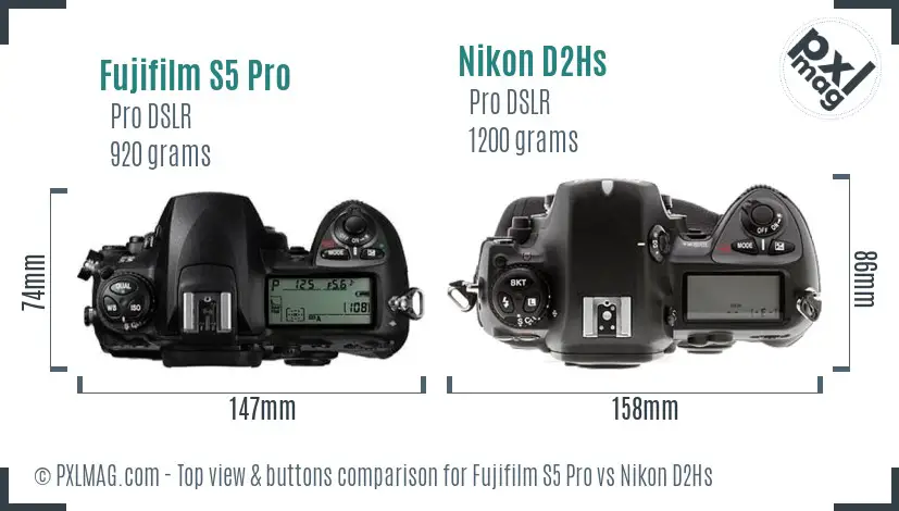 Fujifilm S5 Pro vs Nikon D2Hs top view buttons comparison