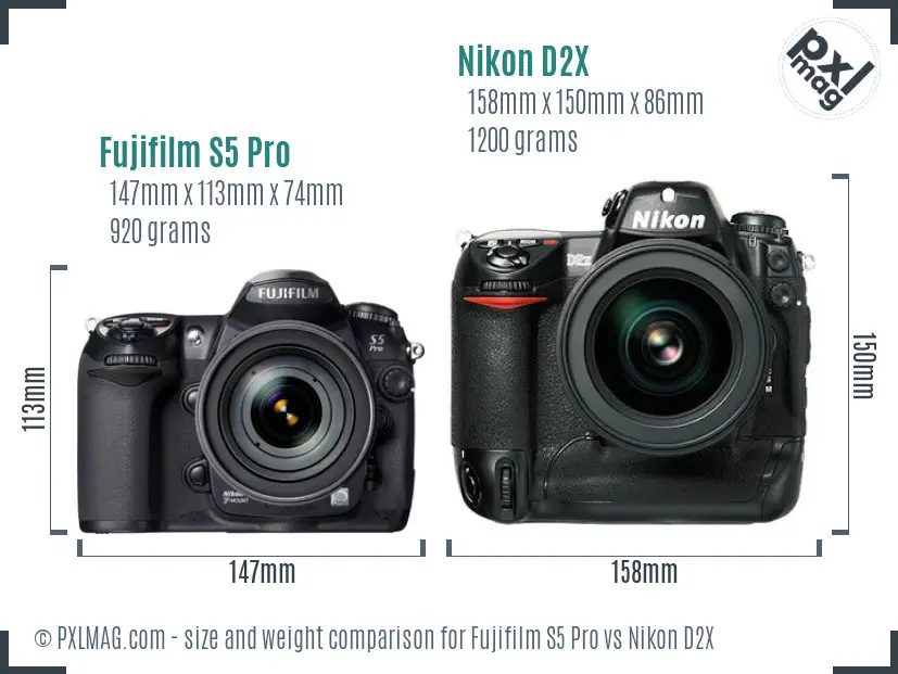 Fujifilm S5 Pro vs Nikon D2X size comparison