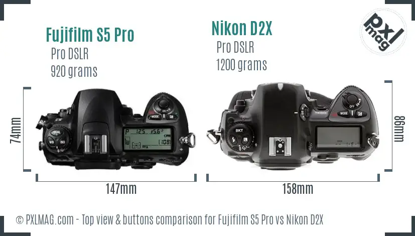 Fujifilm S5 Pro vs Nikon D2X top view buttons comparison