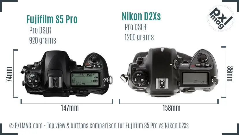 Fujifilm S5 Pro vs Nikon D2Xs top view buttons comparison