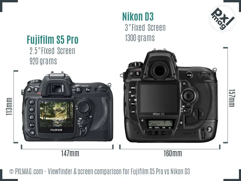 Fujifilm S5 Pro vs Nikon D3 Screen and Viewfinder comparison