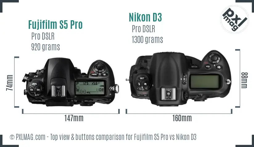Fujifilm S5 Pro vs Nikon D3 top view buttons comparison