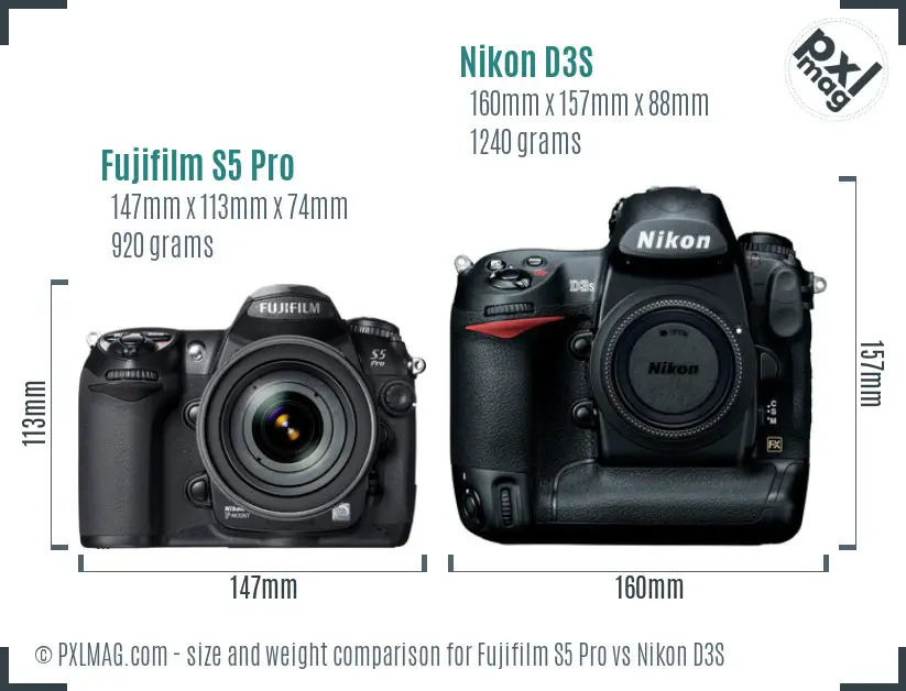 Fujifilm S5 Pro vs Nikon D3S size comparison